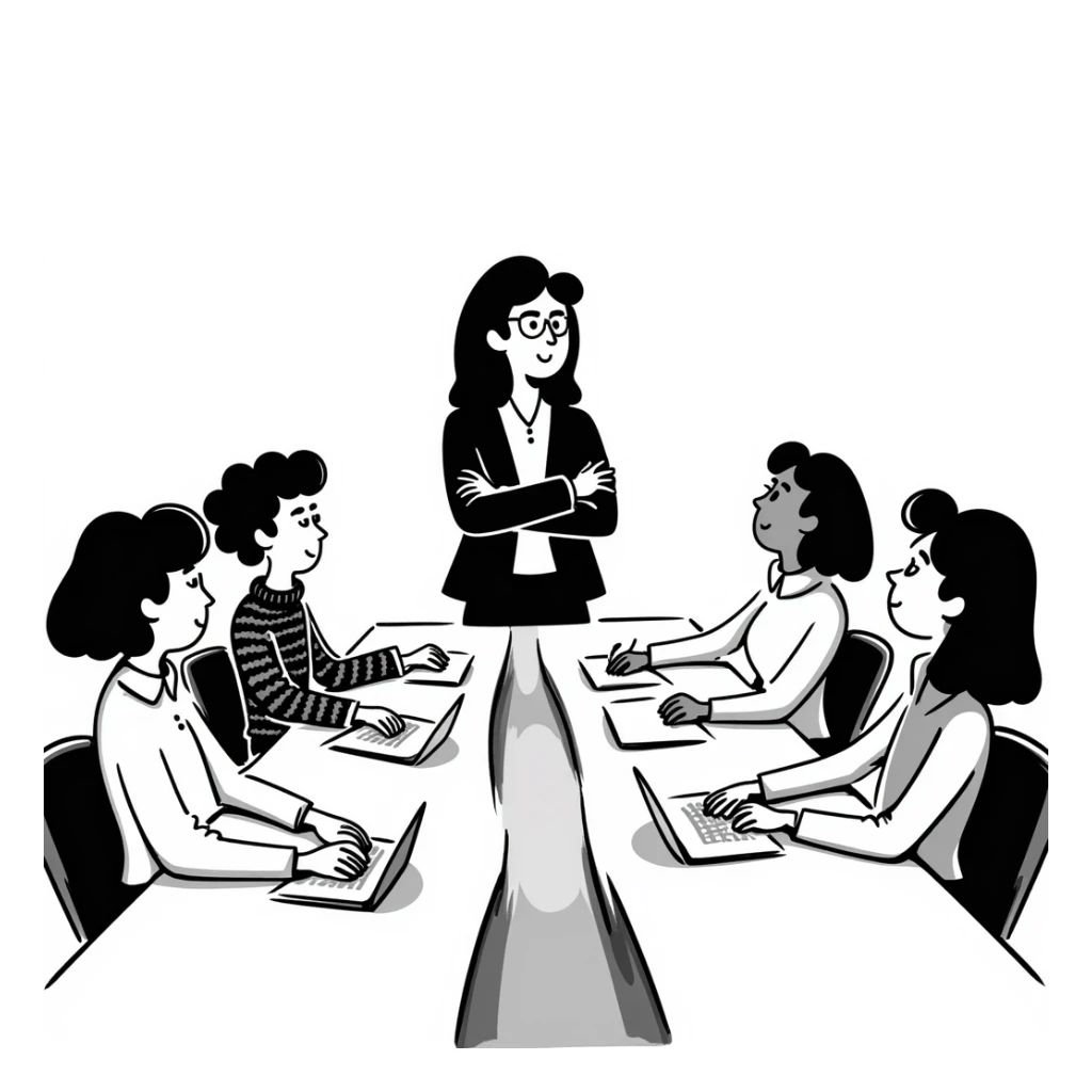 Executive employer at head of meeting table with team sticker