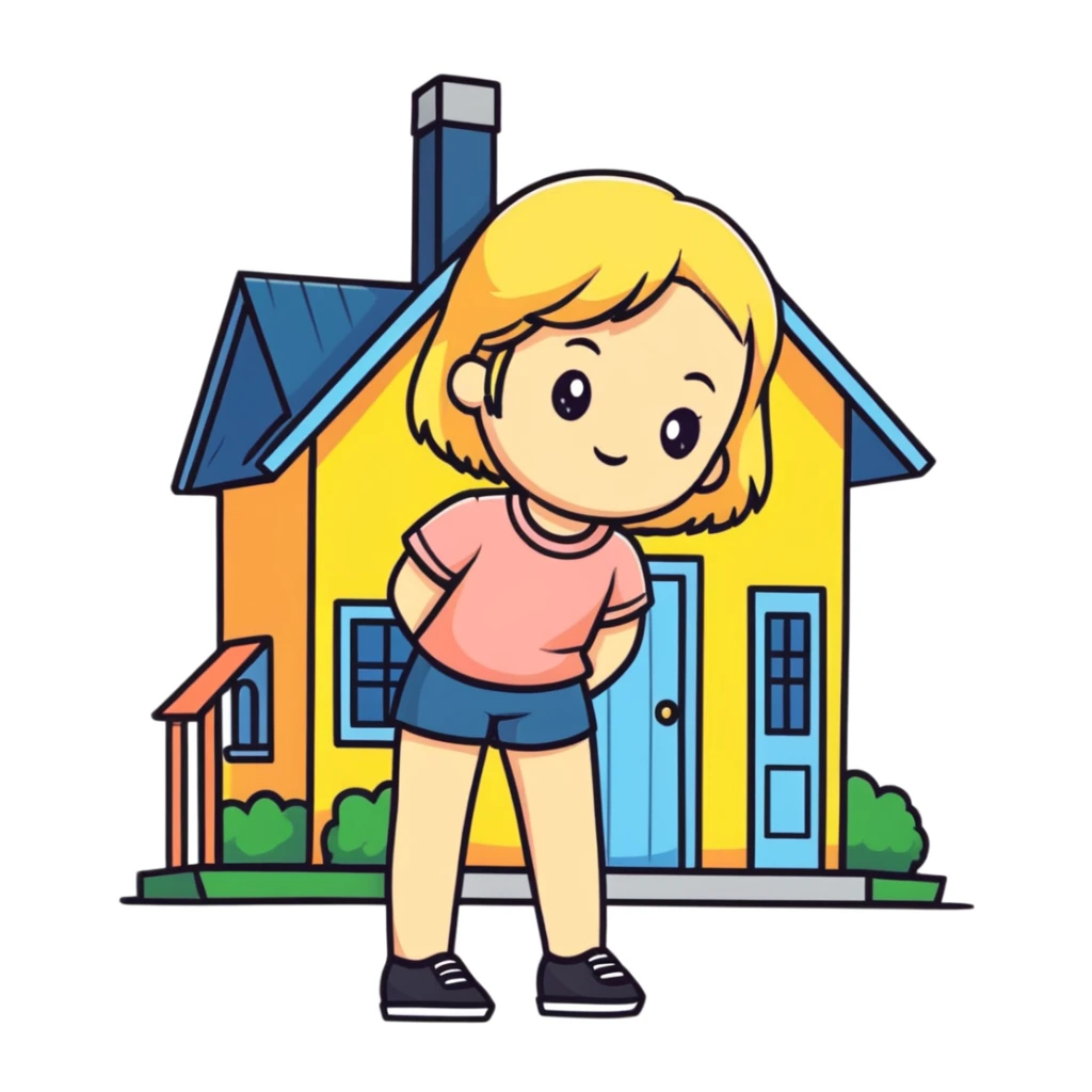 a blonde girl standing outside a small cute home sticker