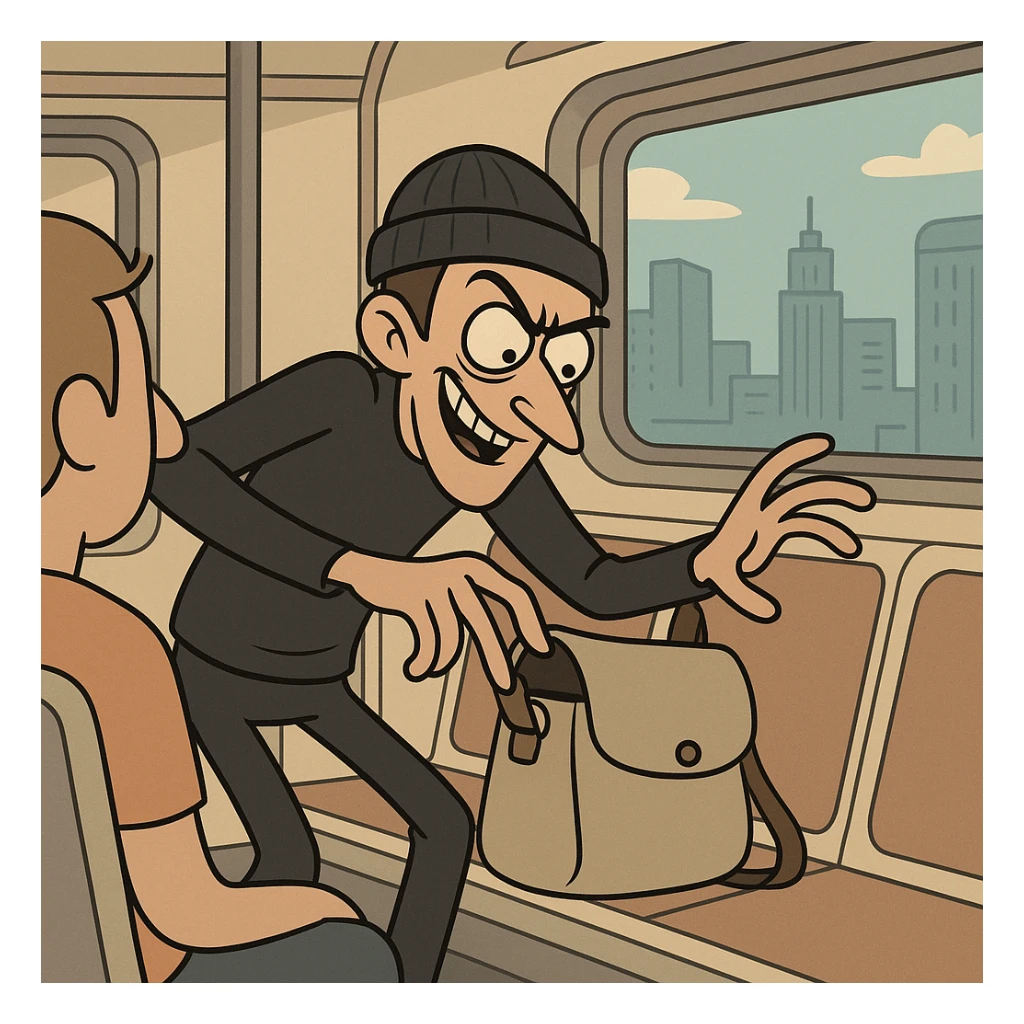 stylized cartoon of a sneaky thief reaching into someone's bag on a subway train, city background, exaggerated motion sticker