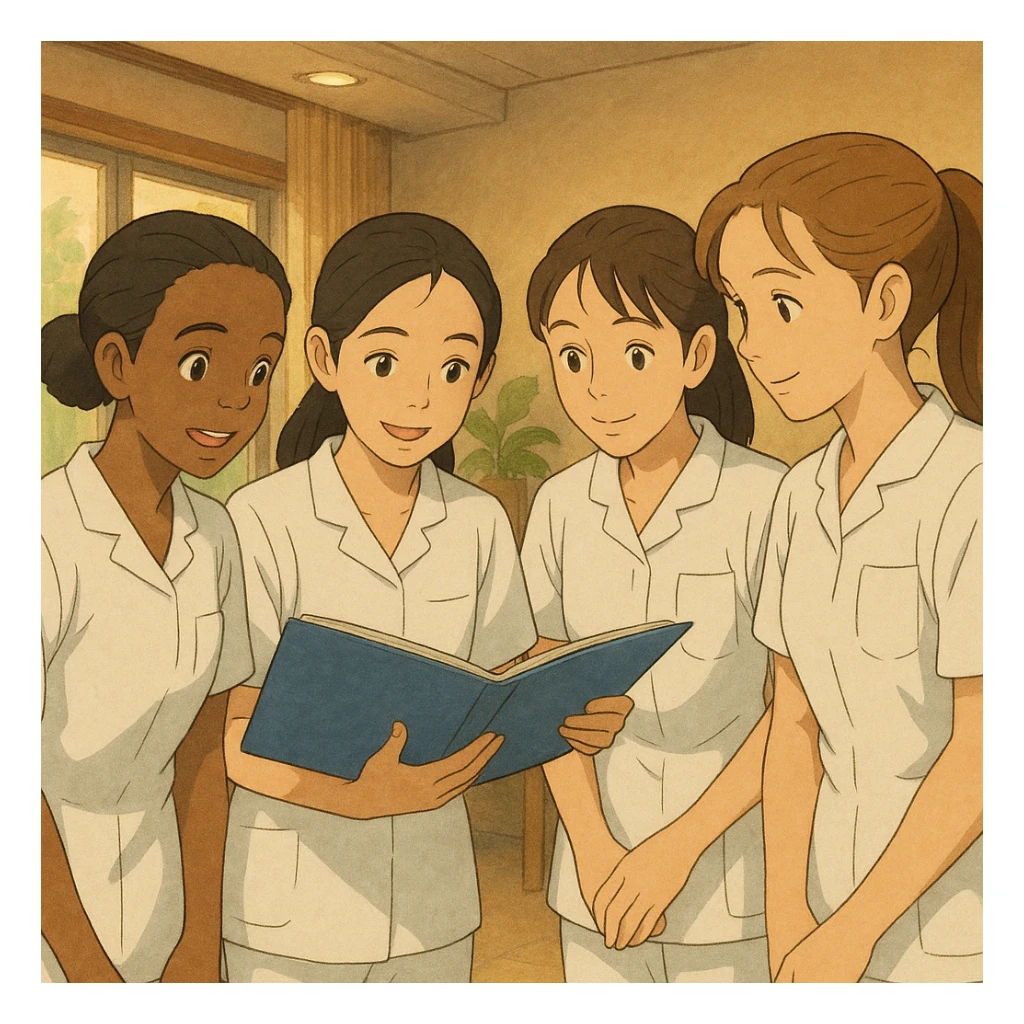 Group of four diverse nursing students inspired by photos, discussing a medical file, Ghibli style. White short-sleeve uniforms, V-neck, left chest pocket, no stethoscopes, bare forearms, long hair tied. Indoor scene, collaborative atmosphere. sticker