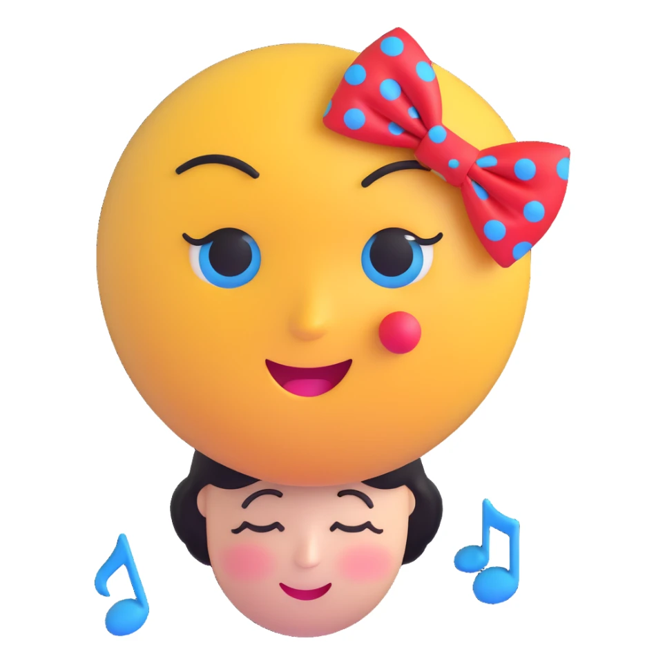 3D smiley emoji, large eyelashes, red polka dot bow, sleepy, half-closed eyes, blue eyes, musical notes sticker