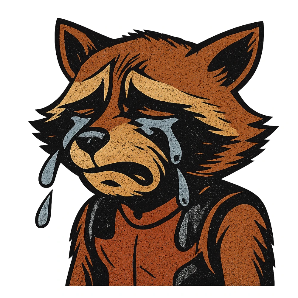 Remove the background from the image of the crying raccoon, keep only the character and make the background transparent in old school comic book style. sticker