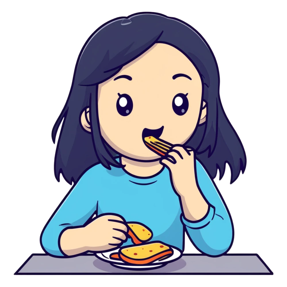 Pale girl with long black hair eating sticker