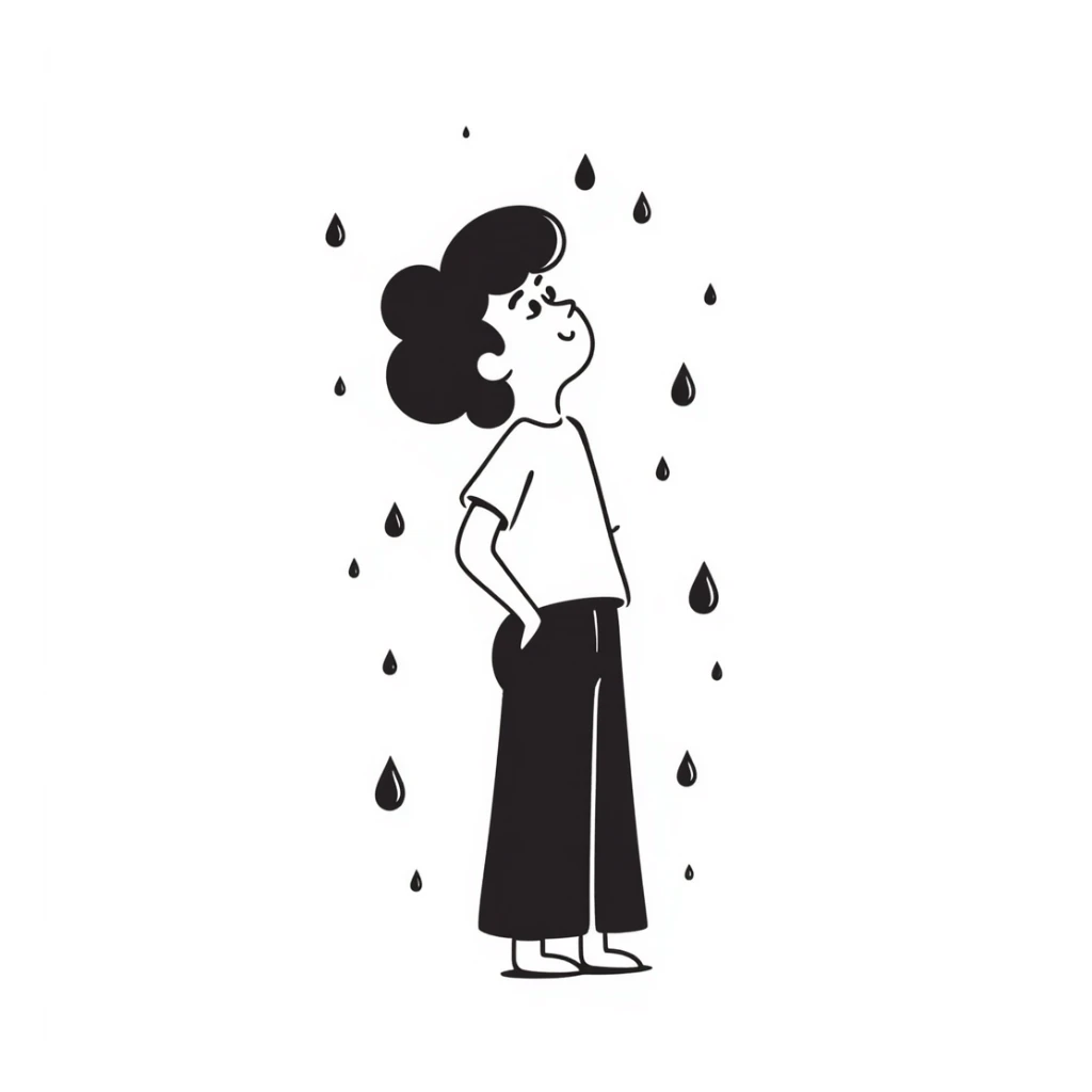 Lonely boy standing in the rain, raindrops falling around him sticker