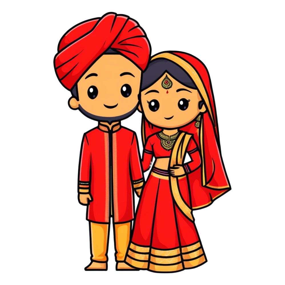 Indian bride and groom on their wedding day, bride in decorative red wedding outfit with gold details, groom in elegant sherwani, both fair-skinned, groom has no facial hair sticker