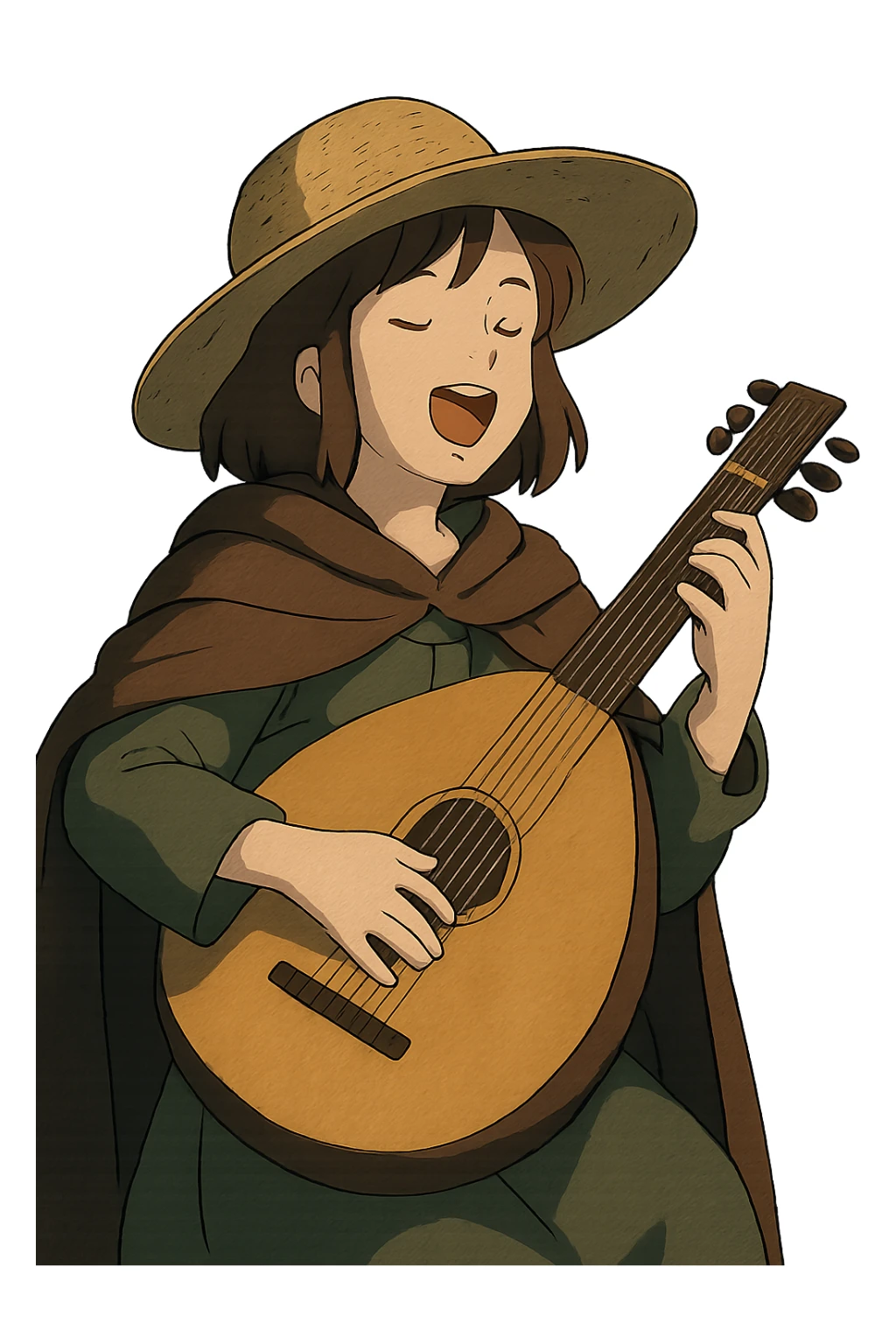 A female bard with a sturdy straw hat, playing a fat lute and singing, night time shadows   sticker