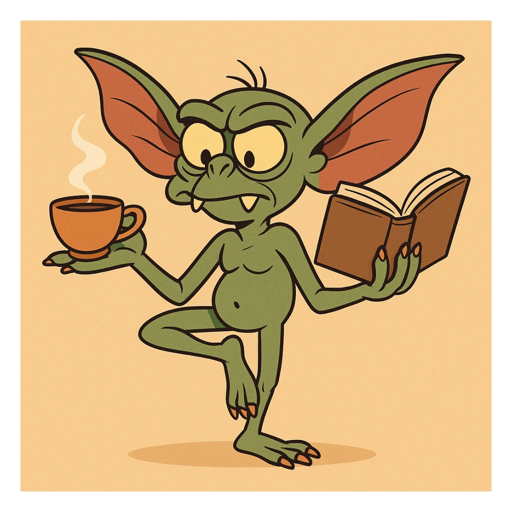 cartoon style gremlin with tea in hand, balancing in a yoga pose while reading a book sticker