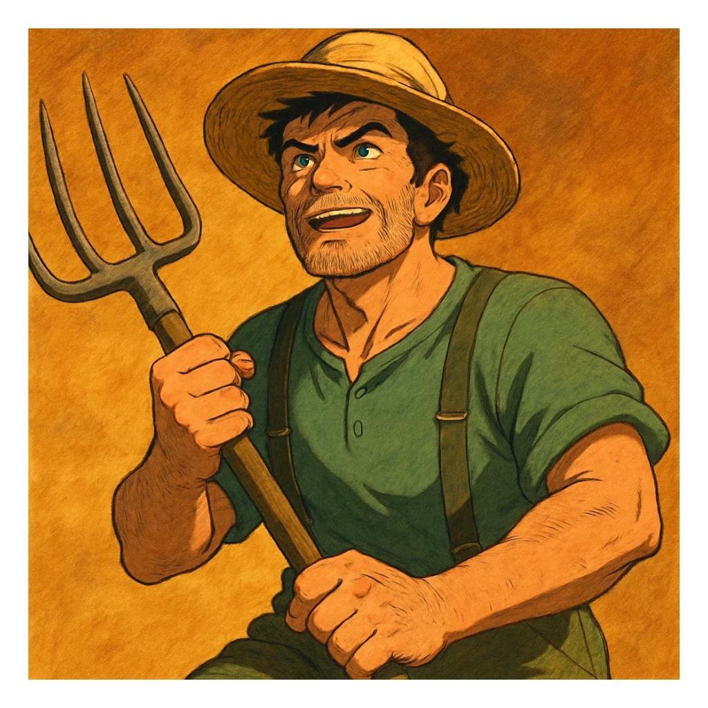 highly detailed illustration of a robust middle-aged farmer with sun-bleached face, black hair, strong jaw, furrowed brow, three-day beard, green trousers with suspenders, green T-shirt, straw hat, clutching rustic pitchfork, determined and excited, warm golden-brown textured background, bold lines, vibrant earth tones, dramatic lighting, rural America sticker