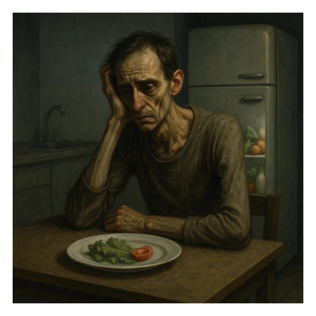 symbolic realism, cinematic lighting, muted colors; thin, exhausted man at a minimalist kitchen table, plate with lettuce leaves and a tomato slice, frustrated and tired face, sunken eyes, cold empty kitchen, closed fridge with healthy foods inside, expressive details sticker