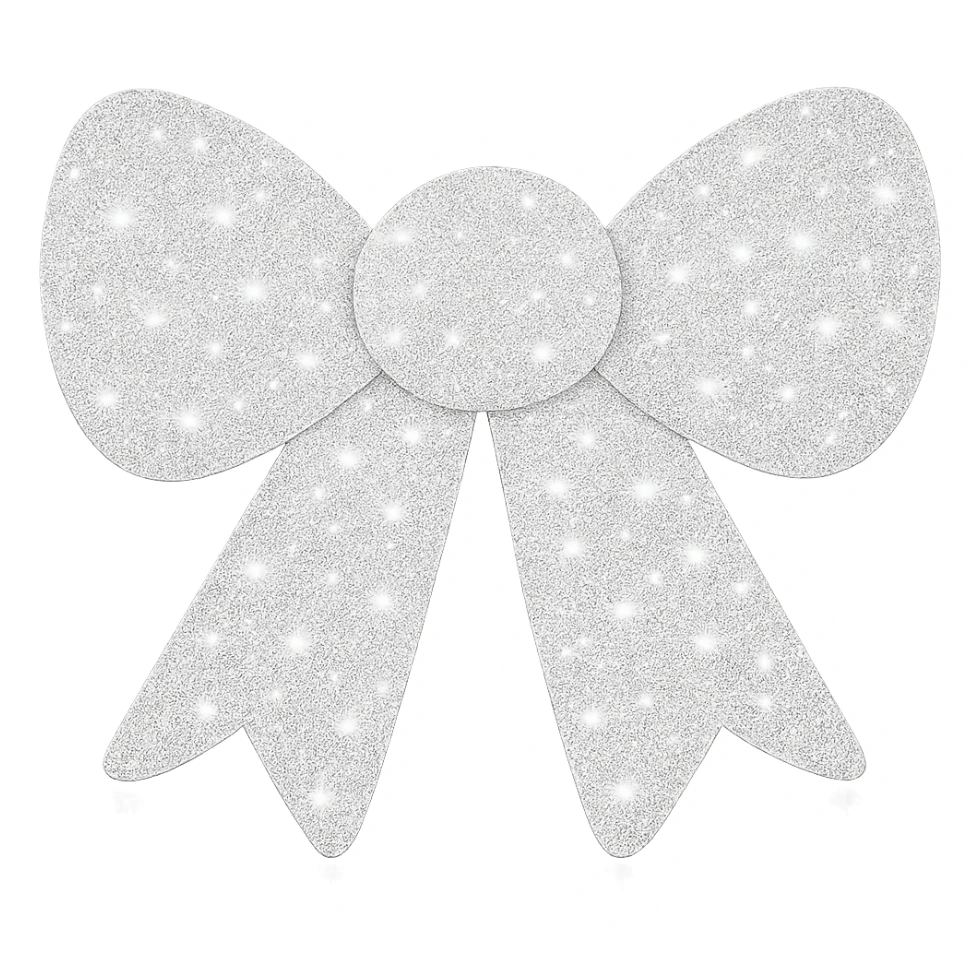 Make the decorative bow white and covered in glitter, shiny and vibrant, no background. The style should be shiny and vibrant with glitter coverage. sticker