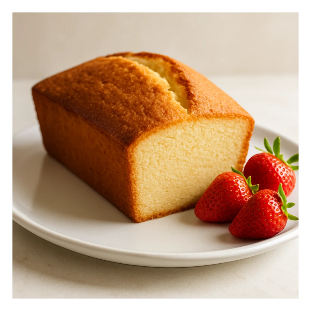 a pound cake loaf with a few strawberries on the side sticker