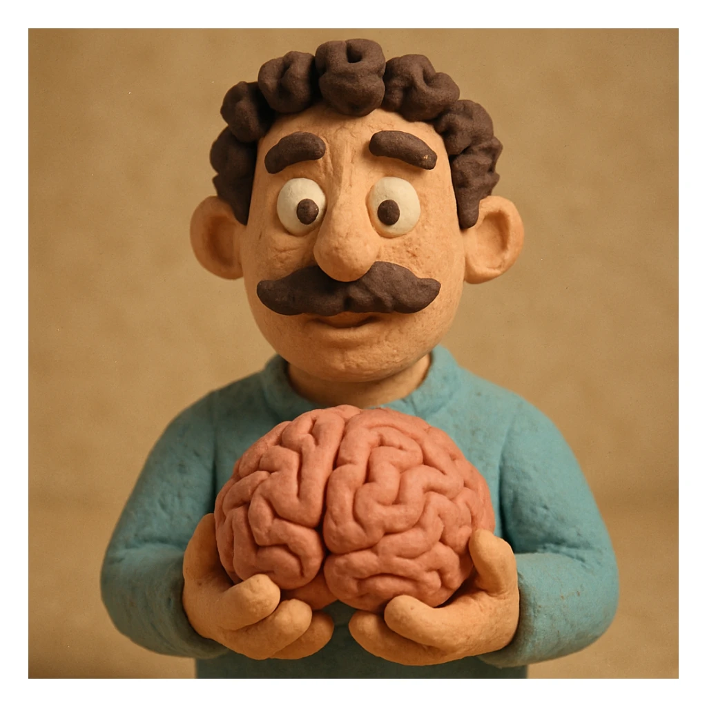Enhance the claymation man holding a brain by adding more depth and dimension to the image. Make him more attractive and quirky, inspired by the first version, with dark curly hair, thick mustache, light skin, claymation style, visible fingerprints, and pastel colors. sticker