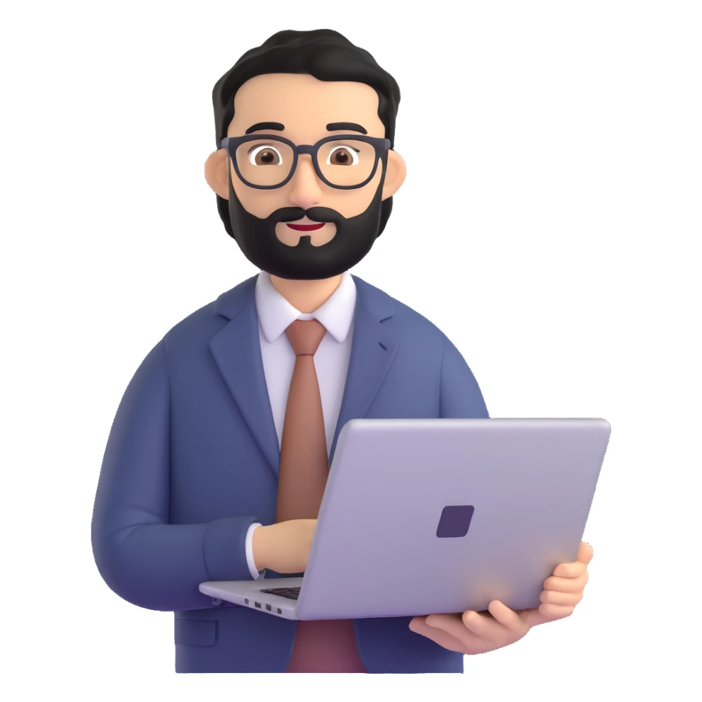 same professional man with medium black beard, neat black hair, connected unibrow, olive tan skin, brown eyes, glasses, prominent nose, in business casual attire, holding laptop under arm sticker