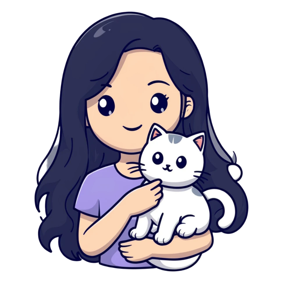 beautiful girl with long black hair holding a silver-colored cat sticker