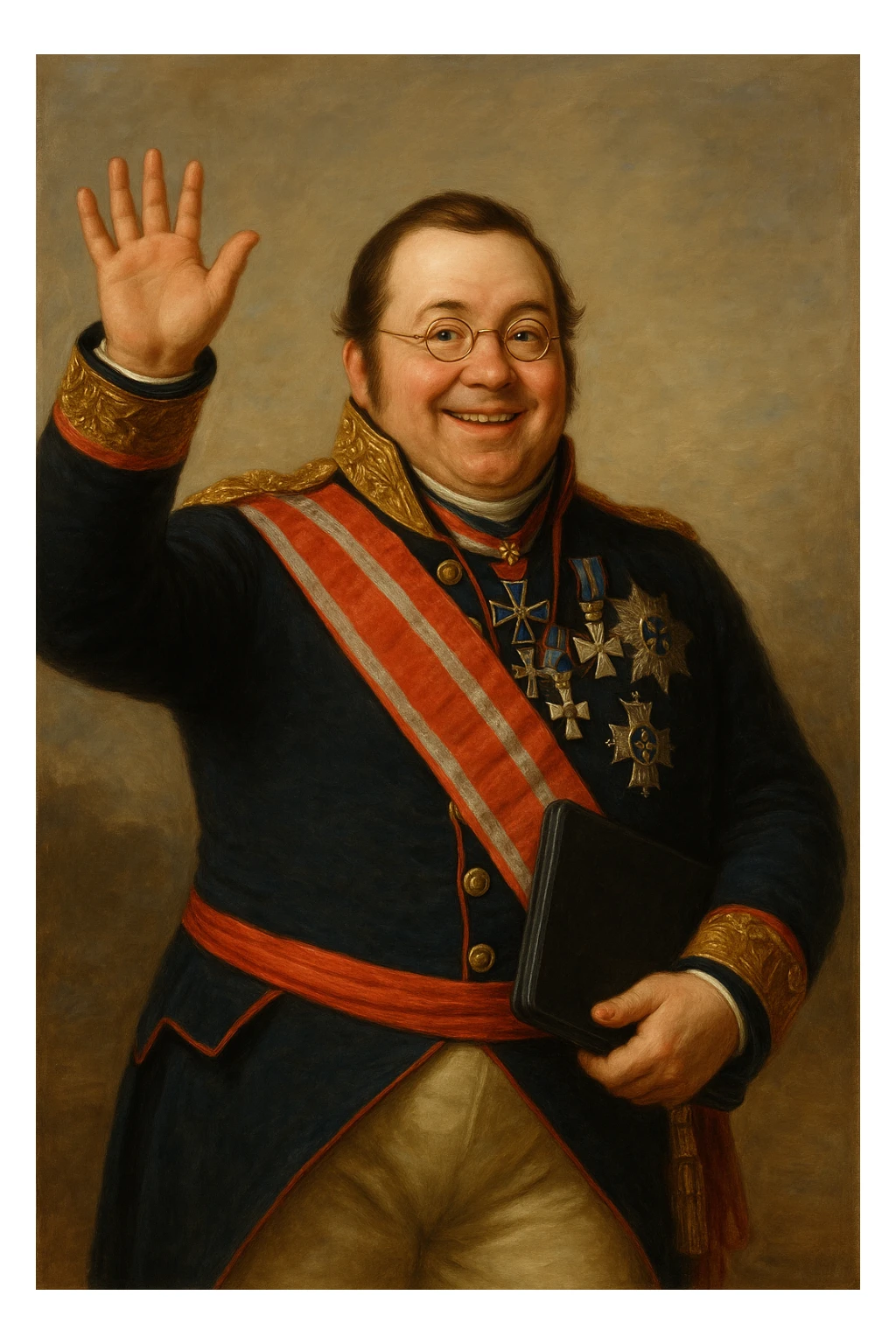 Павел Николаевич Демидов идёт с закрытым ноутбуком в руках улыбается и машет рукой вперед, рисованный стиль sticker