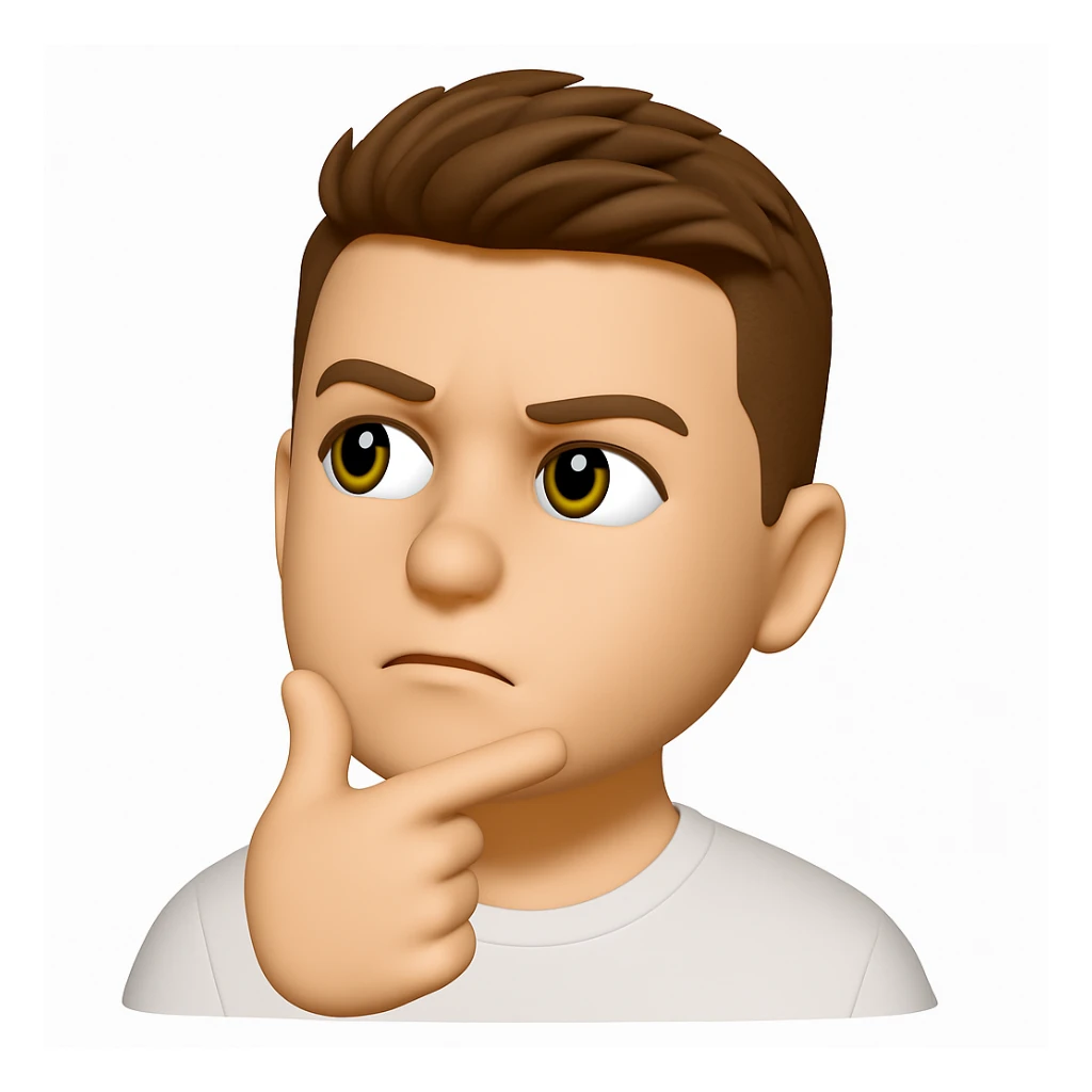 Based on these photos, make an emoji with facial features preserved, a man in a white T-shirt looks into the distance, thinks sticker