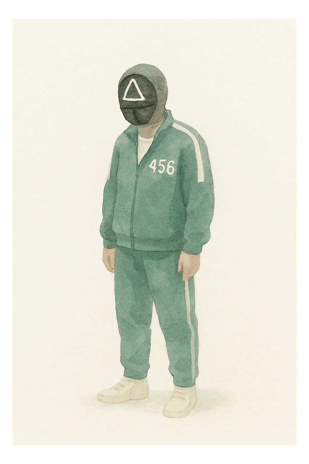 squid game player in green tracksuit, watercolor style sticker