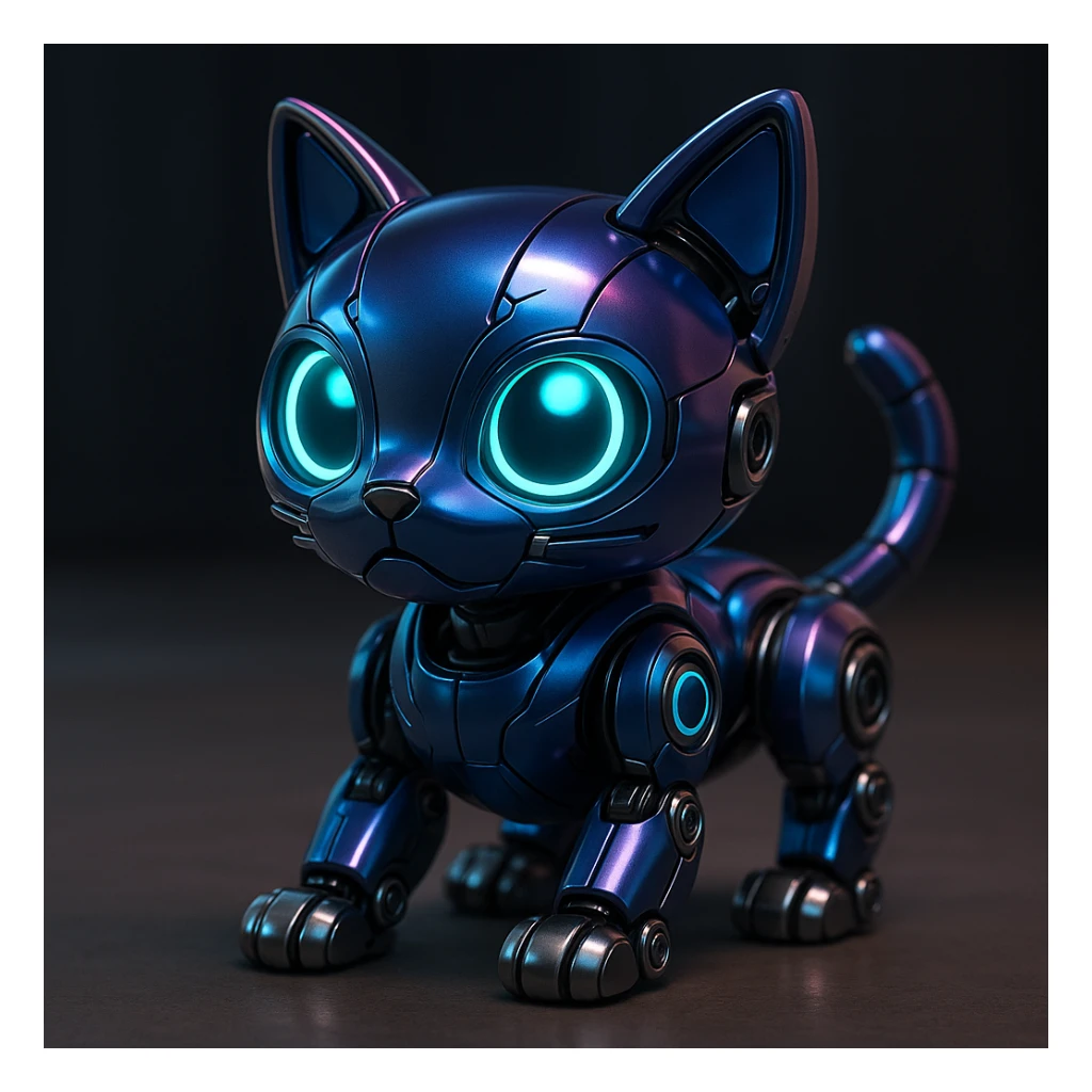 stylized cat robotic toy, metallic details sticker