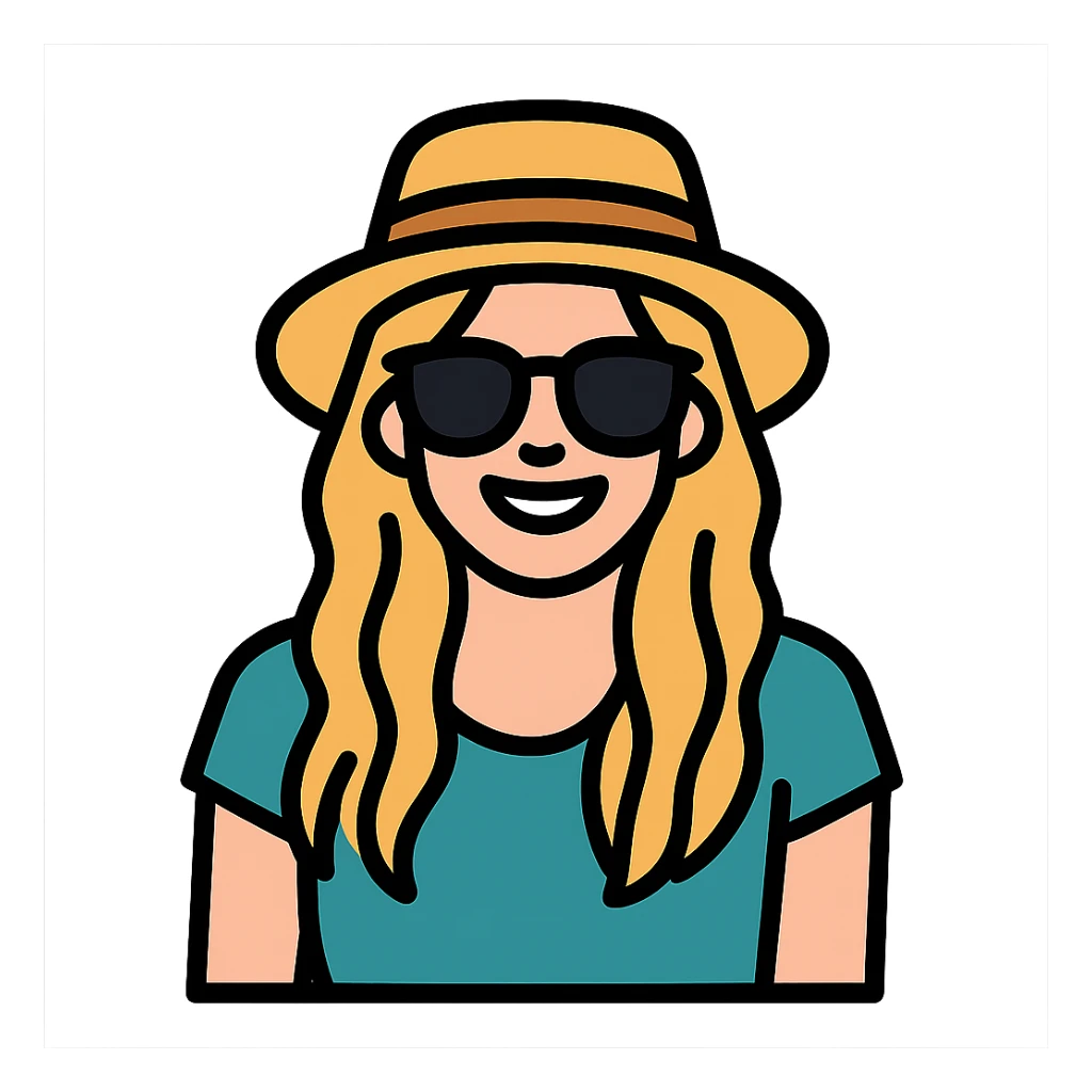 Add a stylish hat and sunglasses to the heroine, maintaining a modern casual look, smiling. sticker
