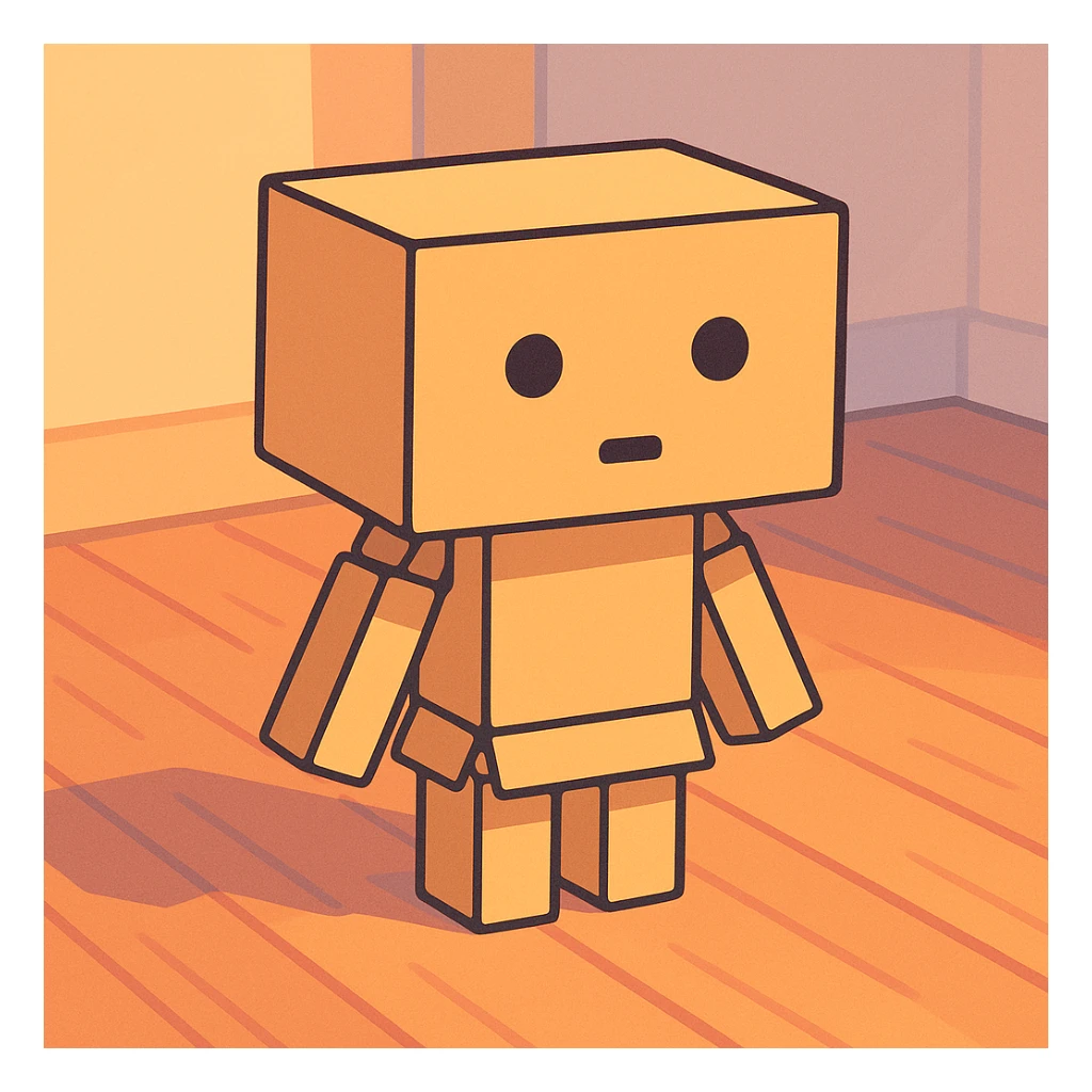 small cardboard robot named Danbo standing alone in the middle of a softly lit room, square head with two round black eyes and a small rectangular mouth, body made of folded cardboard panels, jointed arms and legs, cartoonish style with clean lines and pastel colors, warm wooden flooring, soft shadows, cozy and nostalgic atmosphere sticker