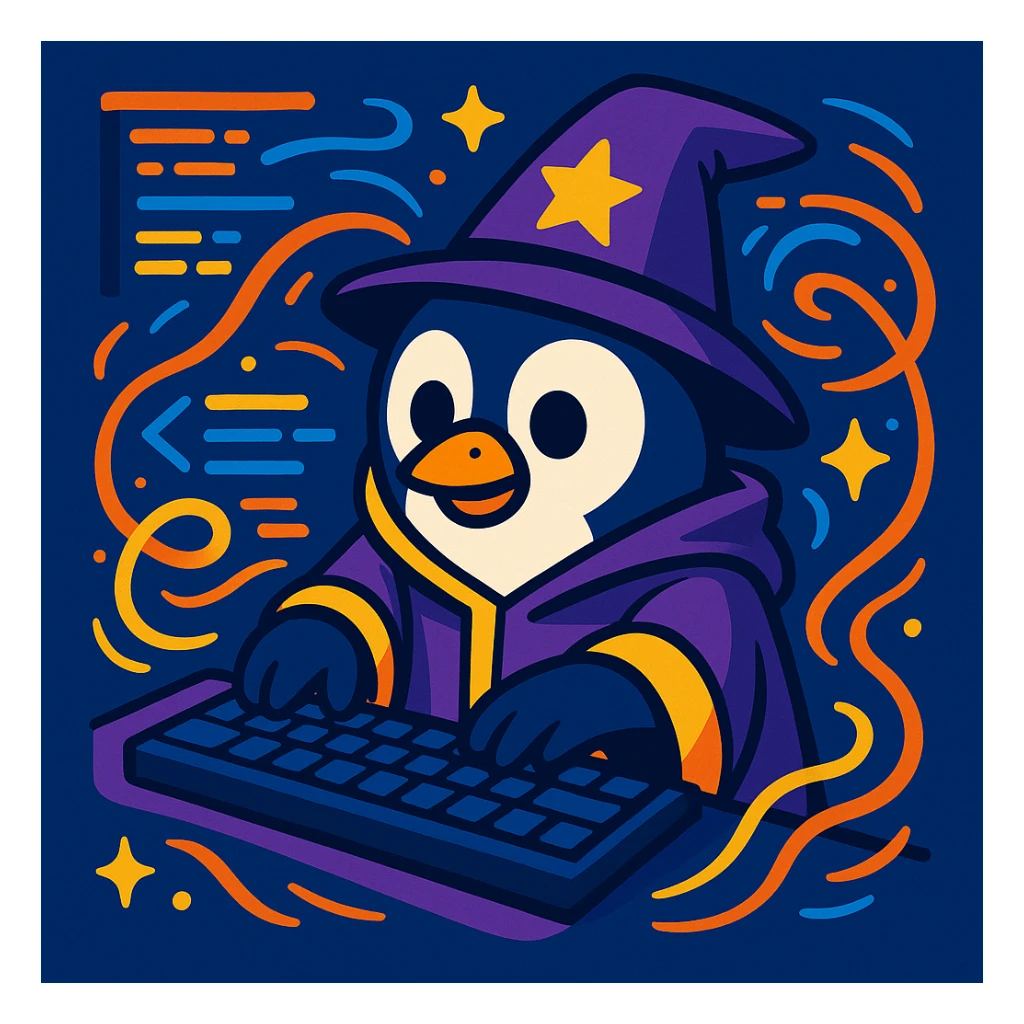 a cute penguin in wizard robes, typing on a keyboard, with lines of code and magical effects swirling around sticker