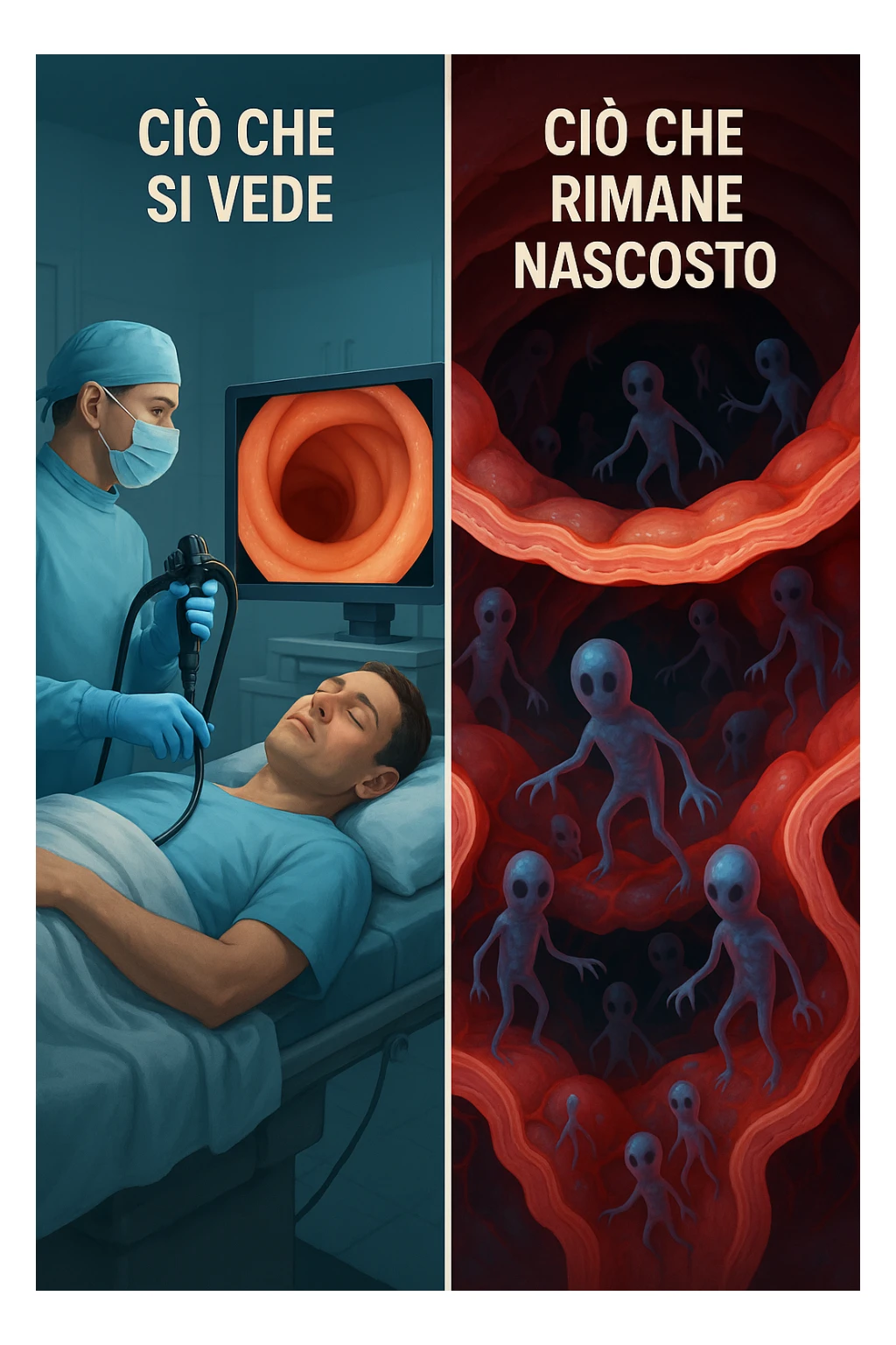 A split-screen medical illustration in cinematic style: on the left side, a doctor performing a colonoscopy on a patient in a sterile clinic, with the endoscopic camera displaying clean, healthy mucosal surfaces on a screen. On the right side, a symbolic cross-section of the same intestine — but shown in deeper layers beneath the surface, where parasitic organisms (small, translucent or shadowy figures) hide between folds and tissues not visible via standard scope. The contrast is clear: what is seen vs. what remains hidden. Lighting on the left is bright, sterile, clinical; lighting on the right is darker, with red and blue tones to suggest inflammation and invasion. Shot in hyper-realistic 3D medical style, educational but emotionally charged IN ITALIANO sticker