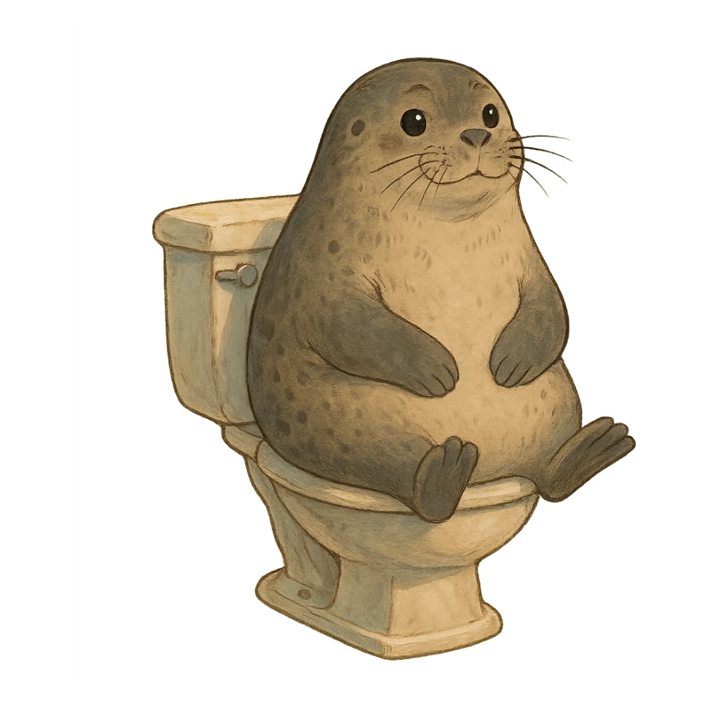 seal sitting on a toilet in ghibli style sticker