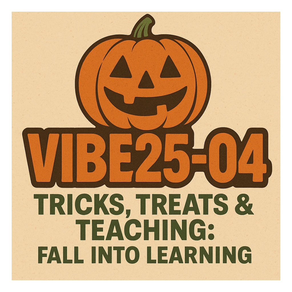 Create a logo that encompasses a retro 80's feel, nostalgic, ALSO RETRO.  Add the words "VIBE25-04: Tricks, Treats & Teaching: Fall Into Learning" sticker