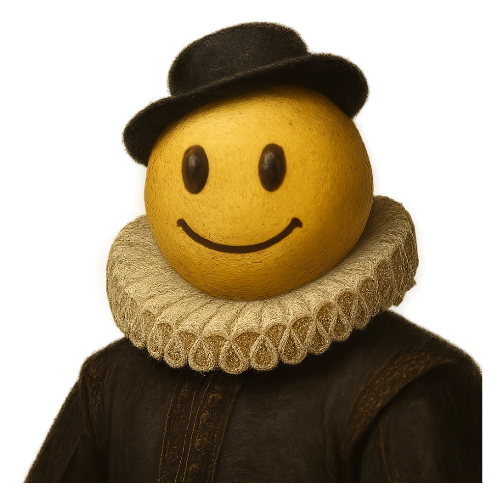 a smiley face as a medieval English gentleman, with a ruffled collar, small hat, and dignified expression, detailed, elegant sticker