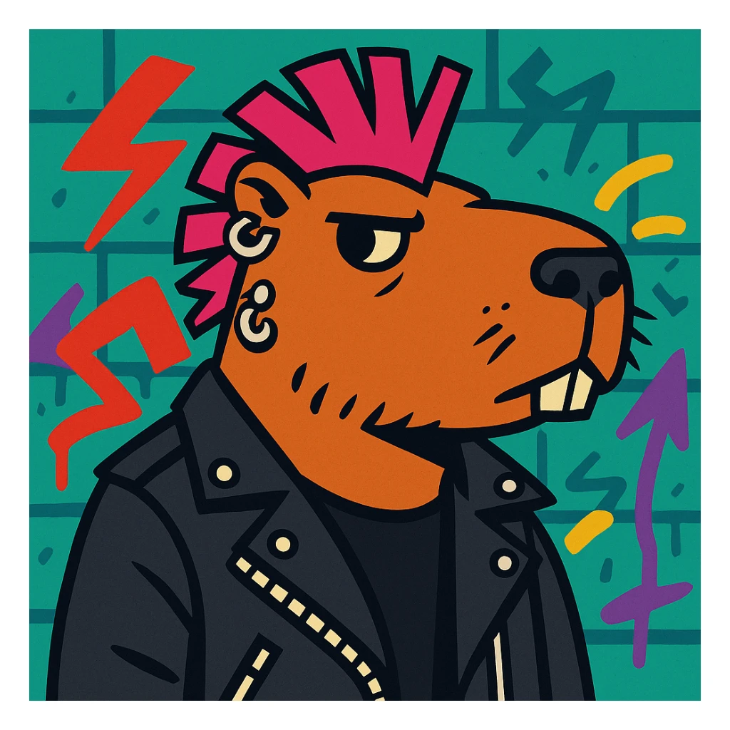 Chigüiro Punketo, a capybara with a punk style: mohawk, piercings, leather jacket, attitude, graffiti background sticker