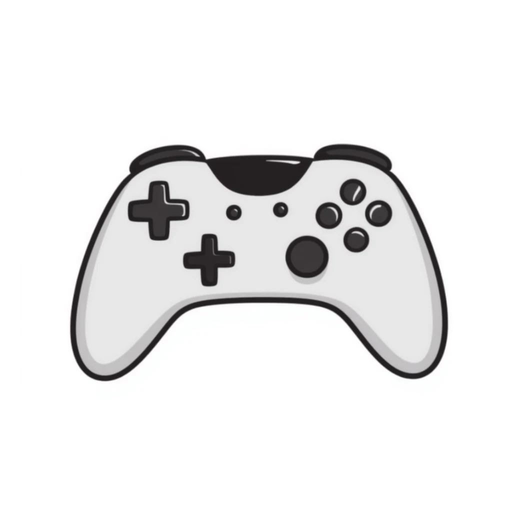 A modern gamepad controller with dual analog sticks and multiple buttons in pastel colors (dd9fb0, ffc6d3, a3bfc9, c4bee2, f1b091), hand-drawn doodle style sticker