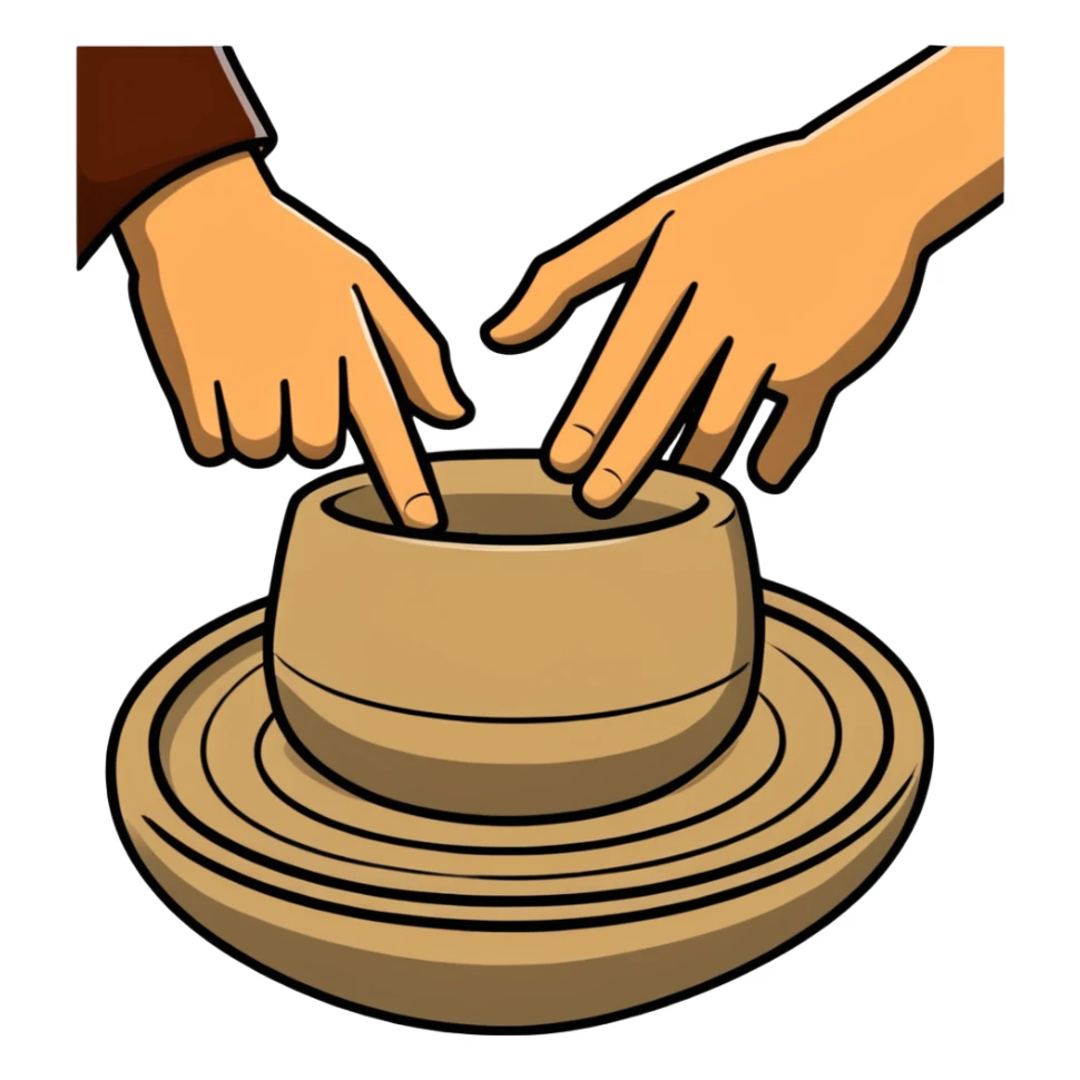 thumb pressing side of clay down onto a silver pottery wheel, thumb at the bottom of the clay, pottery gesture sticker