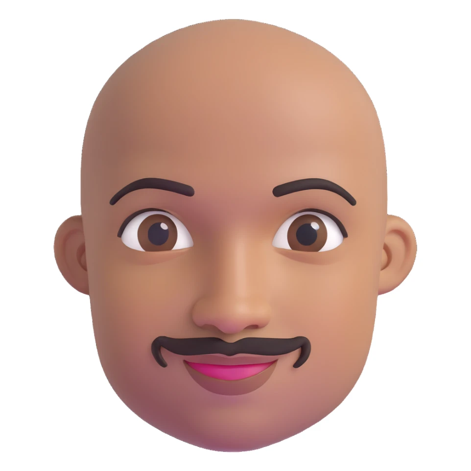 Oxumarê as a very happy smiling 37-year-old bald Black man with smooth oval head, indigenous facial features, mustache with goatee (no hair on sides of face), contour from chin to lips, and a beauty mark on left side below lip, Memoji style sticker
