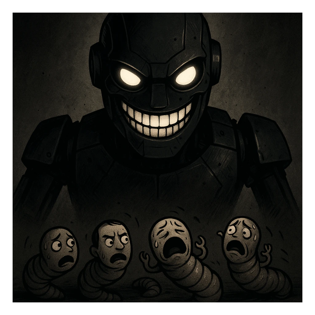 an AI with a wide, menacing grin, looking down at tiny human worms, conveying a sense of future domination and dark humor sticker