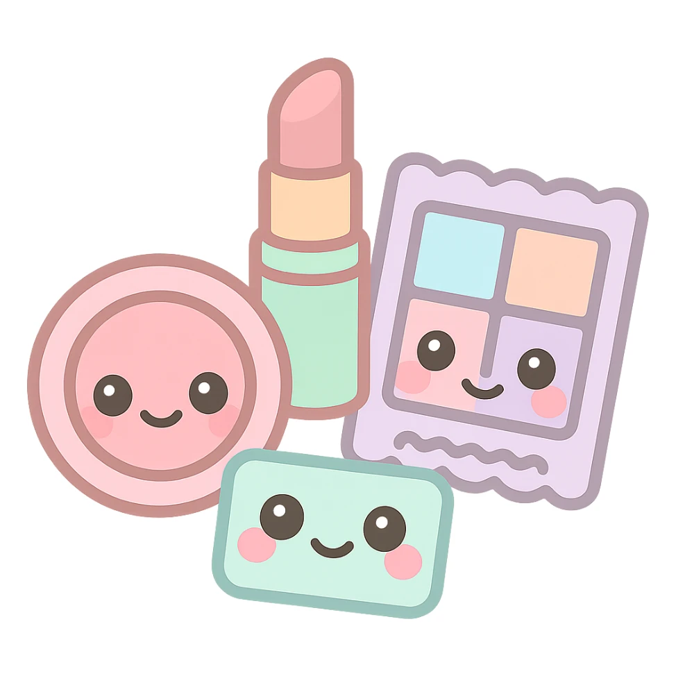 Canmake cosmetics brand inspired emoji, featuring cute makeup items like blush, lipstick, and eyeshadow, with a soft pastel color palette and kawaii style facial expressions sticker