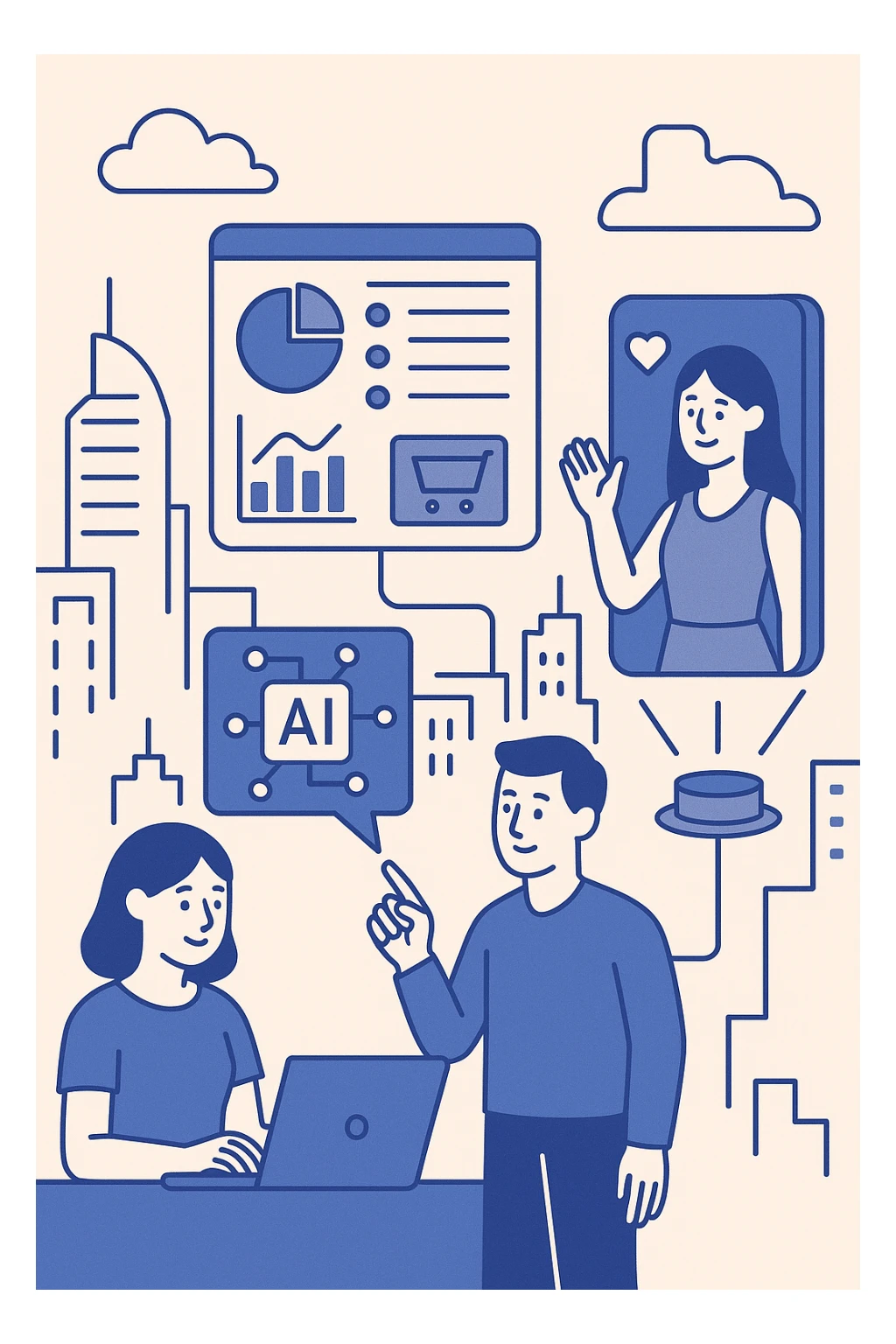 futuristic marketing illustration featuring AI-powered analytics, holographic ads, and digital influencers in a vibrant, high-tech cityscape, modern vector style sticker