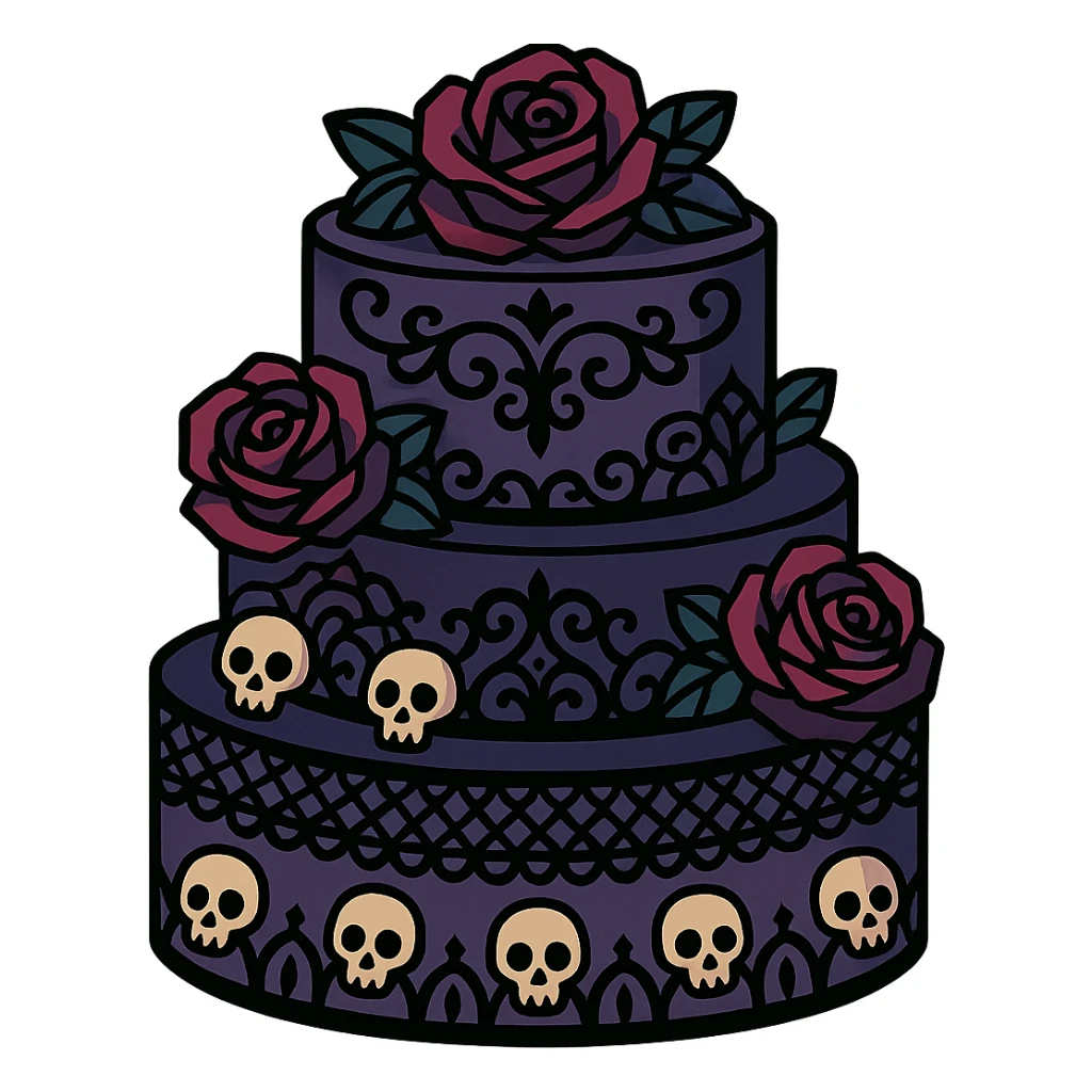 Gothic cake decorated with black lace, dark roses, tiny skulls, and ornate gothic filigree, no background, in a vibrant toon style. sticker