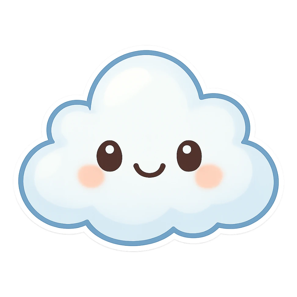 chibi sticker-style cloud with a smiling face, cute and exaggerated sticker