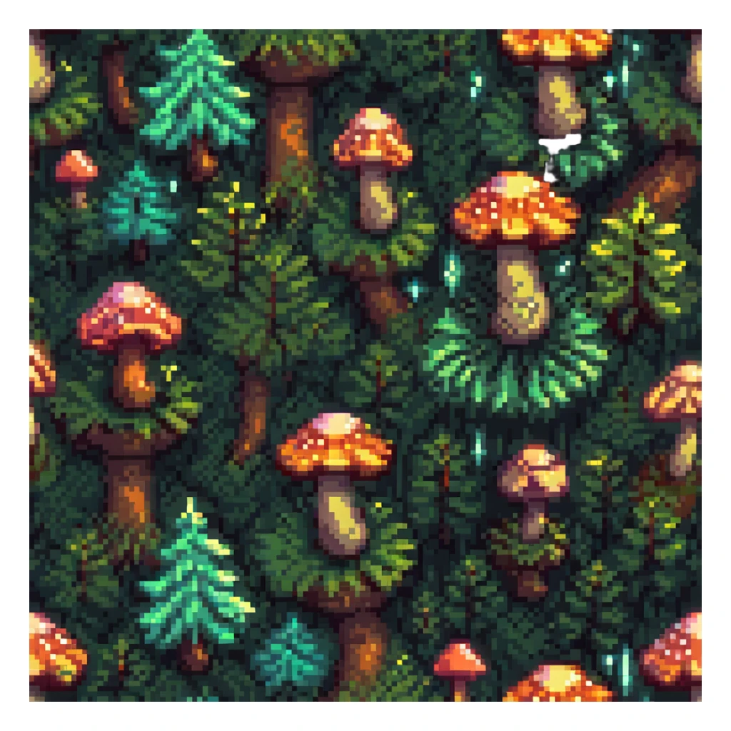 Add a pixel art forest background with sparkles behind the glowing mushroom. sticker