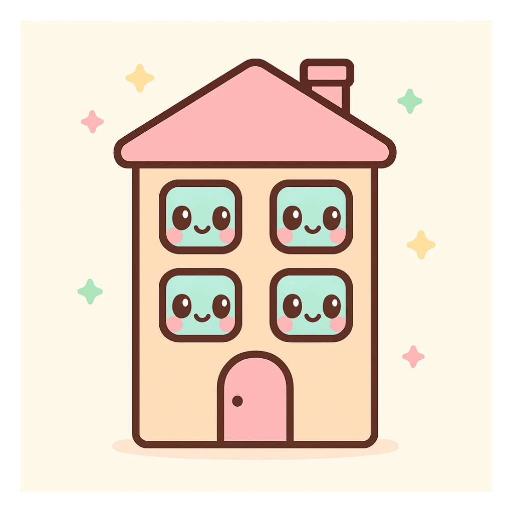 apartment building, kawaii chibi anime style, flat pastel colors, thick outlines, simple cute features, with smiling windows sticker