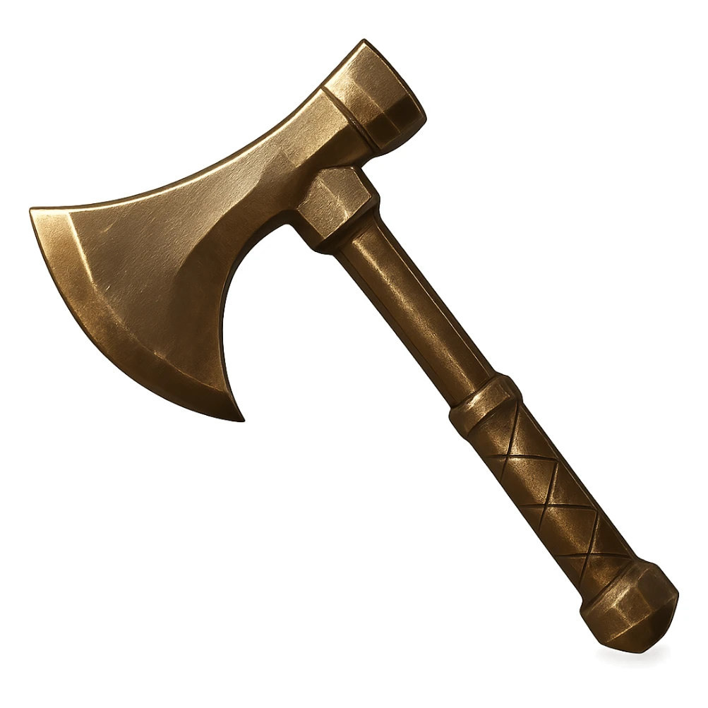 Change the color and texture to realistic bronze metal, making the axe metallic, shiny, and worn. Keep the axe's shape. The style should resemble emoji style with a transparent background. sticker