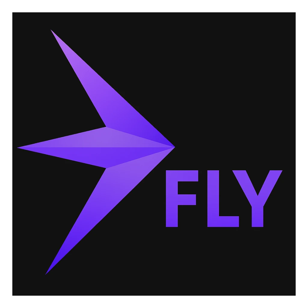 Add the word FLY in a bold, modern font next to or below the logo. Keep the style clean and professional, matching the purple gradient of the logo. sticker