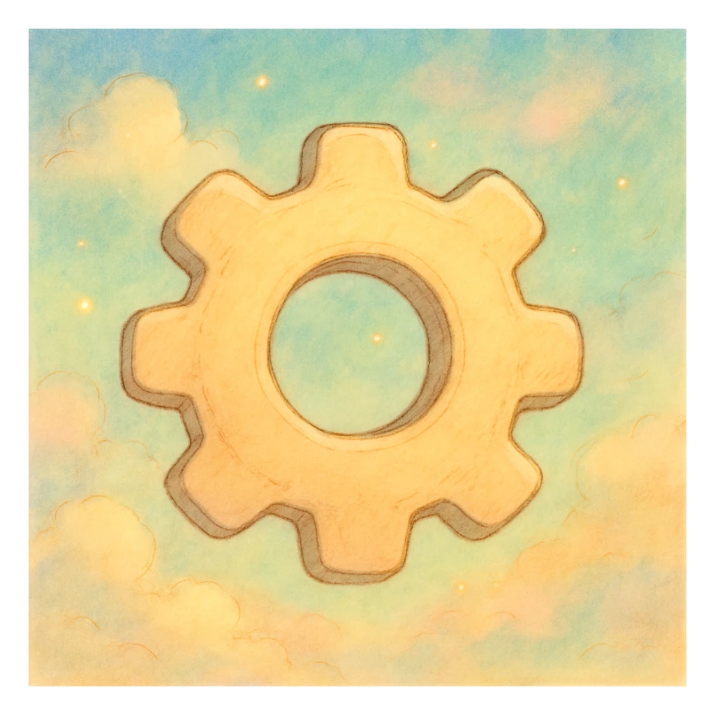 gear settings icon, ghibli style, soft and whimsical sticker