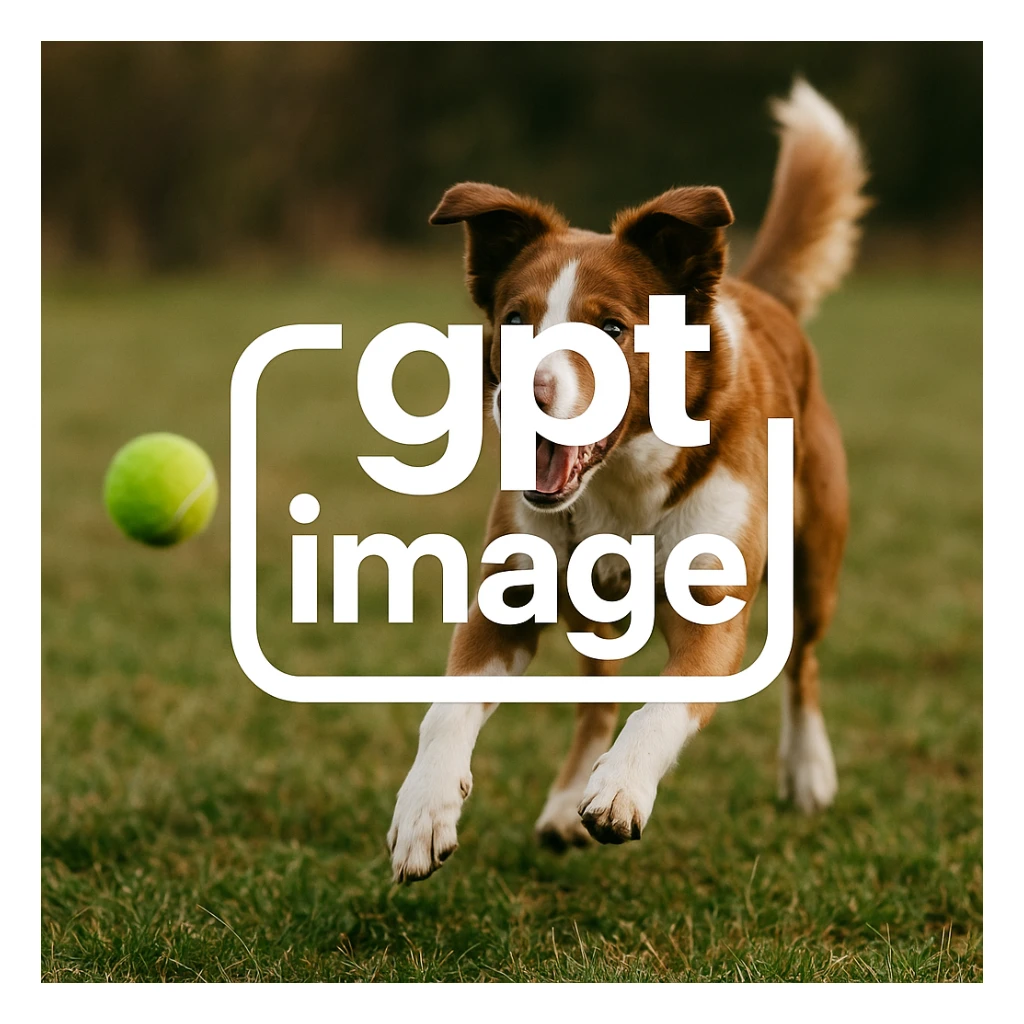  logo with text "gpt image" on the background of a dog chasing ball, realistic image sticker