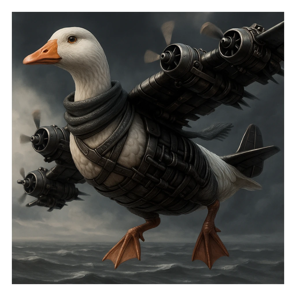 Make a subtle but clear change to the original image by adding a scarf to the mechanical goose. Keep the quality and style the same as the original. sticker