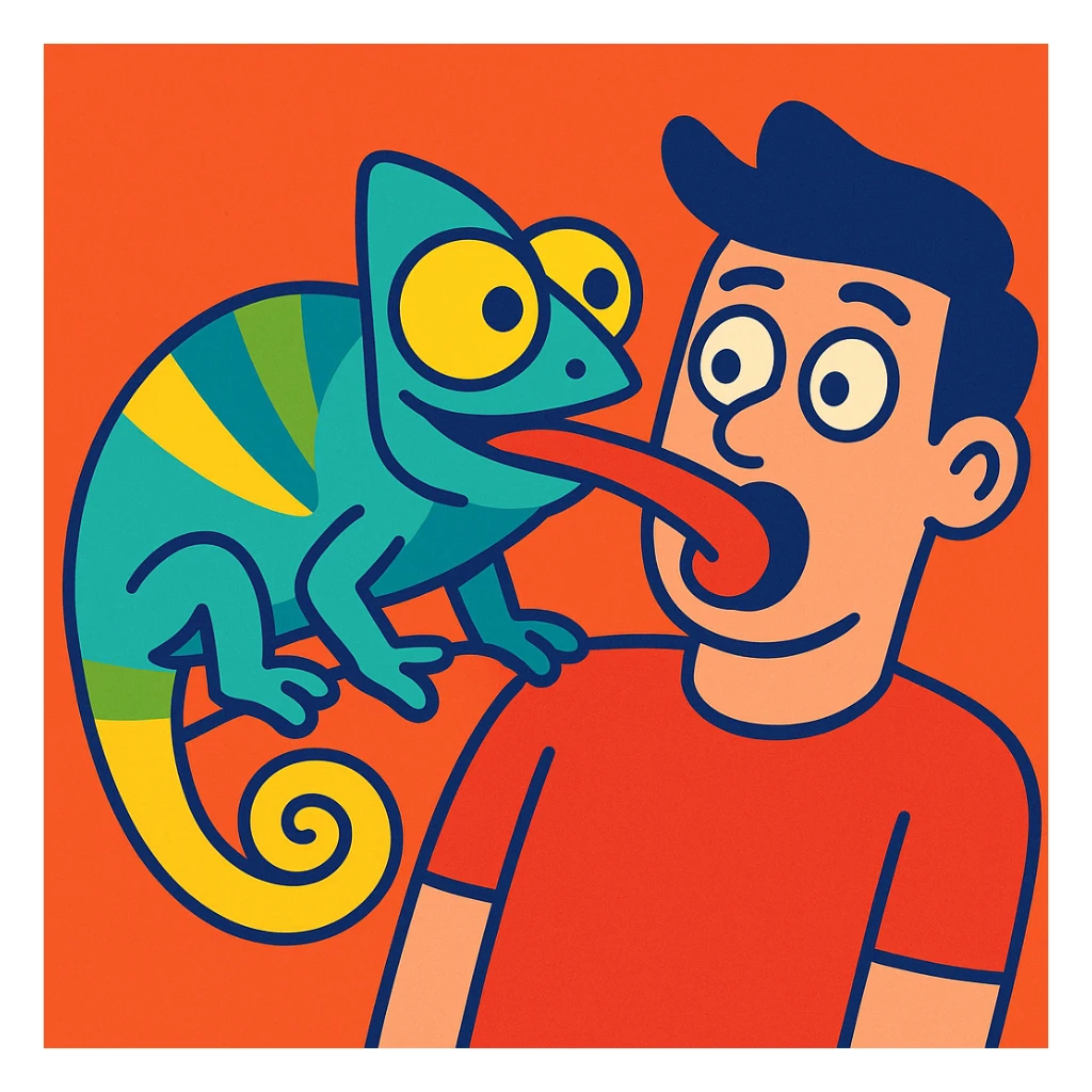 whimsical colorful illustration of a chameleon with bulging eyes licking a surprised person's face sticker