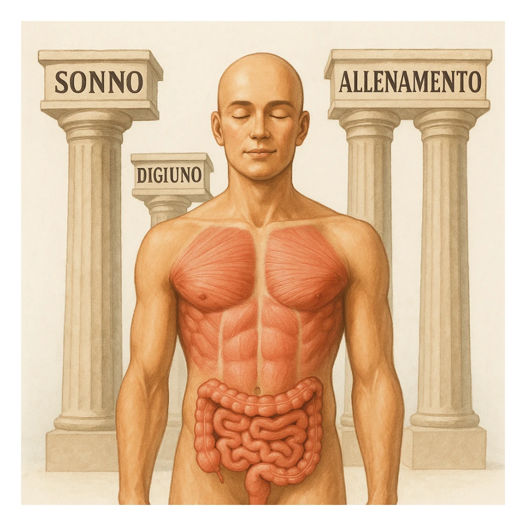 5 pilastri con le scritte "SONNO", "DIGIUNO", "ALLENAMENTO", "INTESTINO", DAVANTI UN CORPO UMANO ANATOMICO CON OCCHI CHIUSI IN SALUTE, SFONDO CHIARO sticker