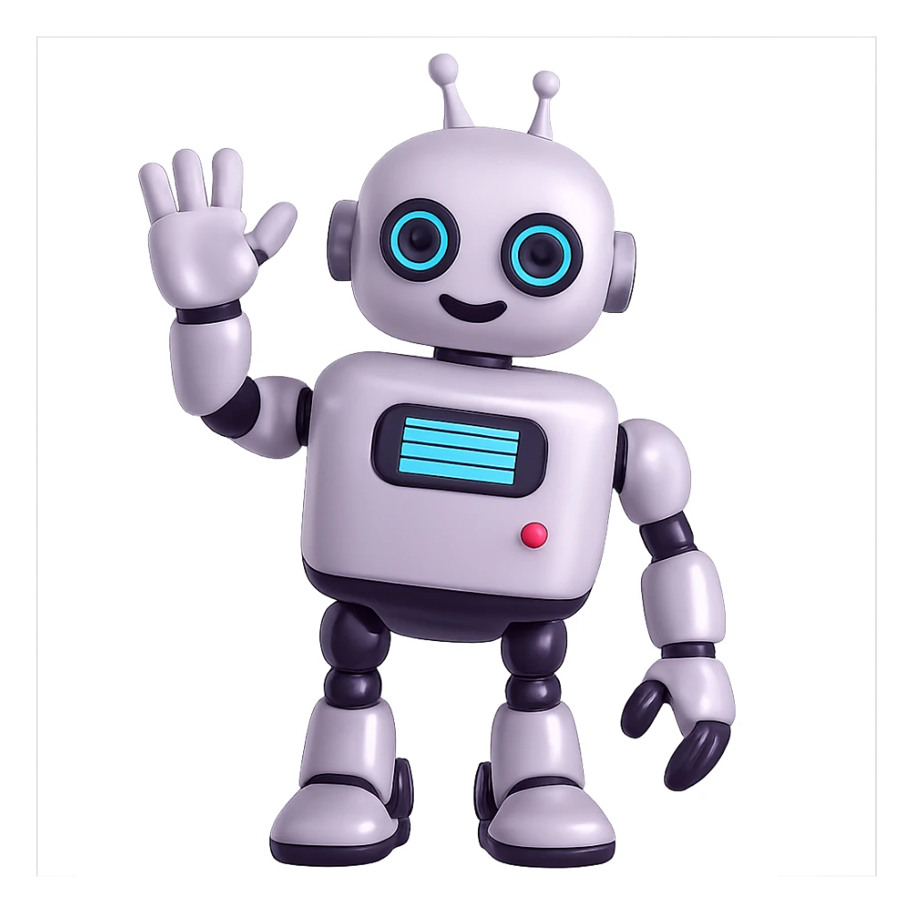 Make the charming, smiling robot with a shiny finish wave. The original style is 3D emoji style with a shiny, fluent, plastic look. Keep the 3D emoji style look while making the robot wave and remove the background. sticker