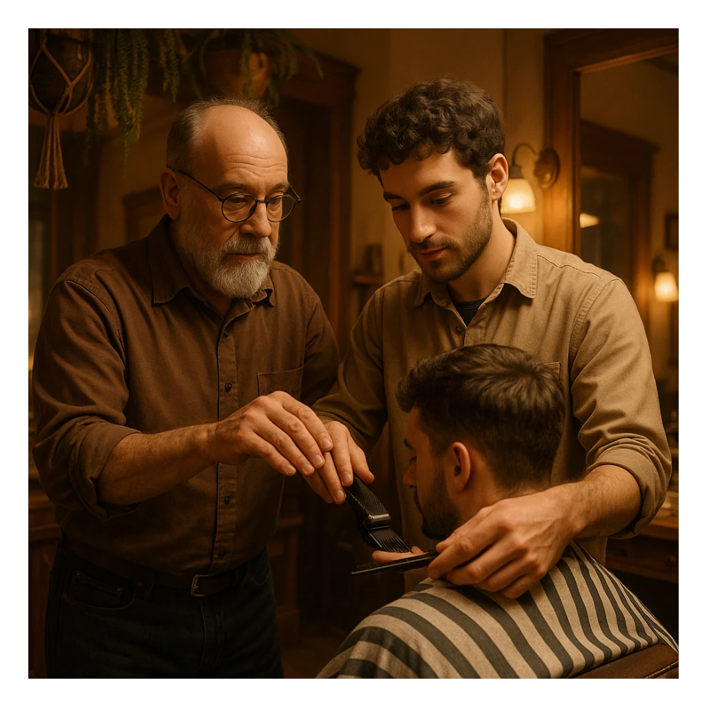Inside a cozy barbershop with soft lighting, an experienced barber gently teaches his apprentice, guiding his hands as they cut hair together. The room is filled with warmth, plants hanging from the ceiling, and the hum of clippers sticker