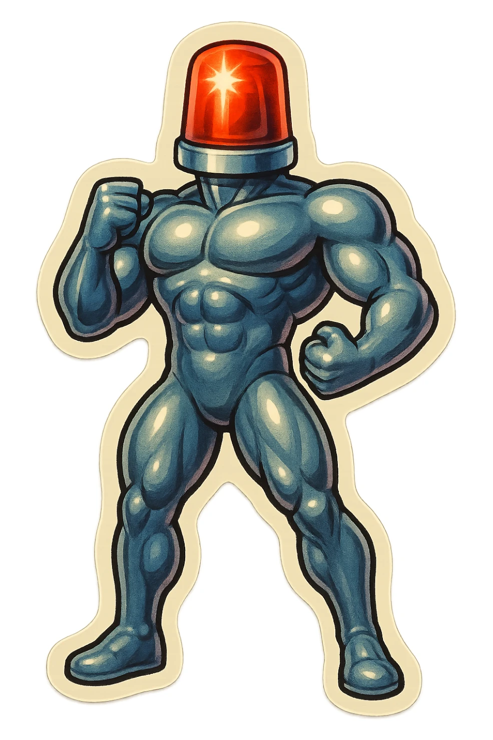 shiny muscular robot with a red police light head, standing in a heroic pose sticker